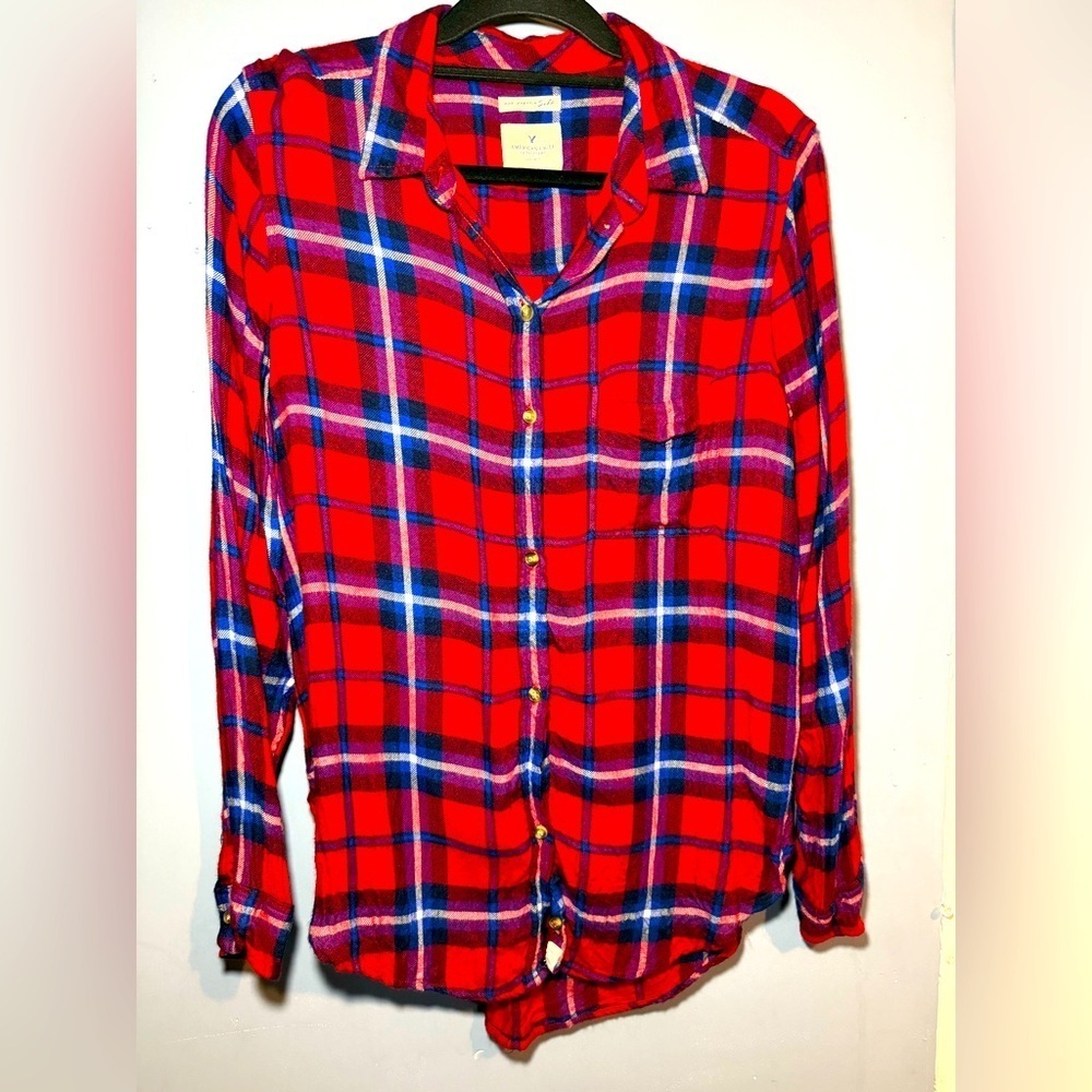 American Eagle Red and Blue Plaid Shirt, boyfriend fit-medium: so soft!